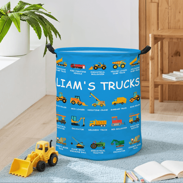 Personalised Multicolor Construction Lorry Excavator Bulldozer Waterproof Laundry Basket with Text Birthday Gift for Boys Girls Lorry Lovers