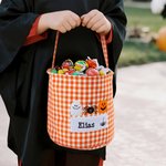 Personlig Häxhatt Spöklik Spöke Gingham Canvas Trick or Treat Väska med broderade applikationsmönster och namn Halloween Present till flickor Pojkar