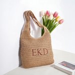 Personalised Embroidered Initial Raffia Tote Bag with Pocket Reusable Beach Travel Accessory Bridal Party Mother's Day Gift for Her