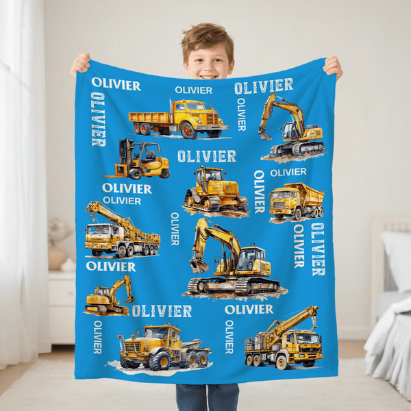 Personalized Construction Vehicle Soft Throw Blanket with Name Birthday Christmas Gift for Engineering Vehicle Lover