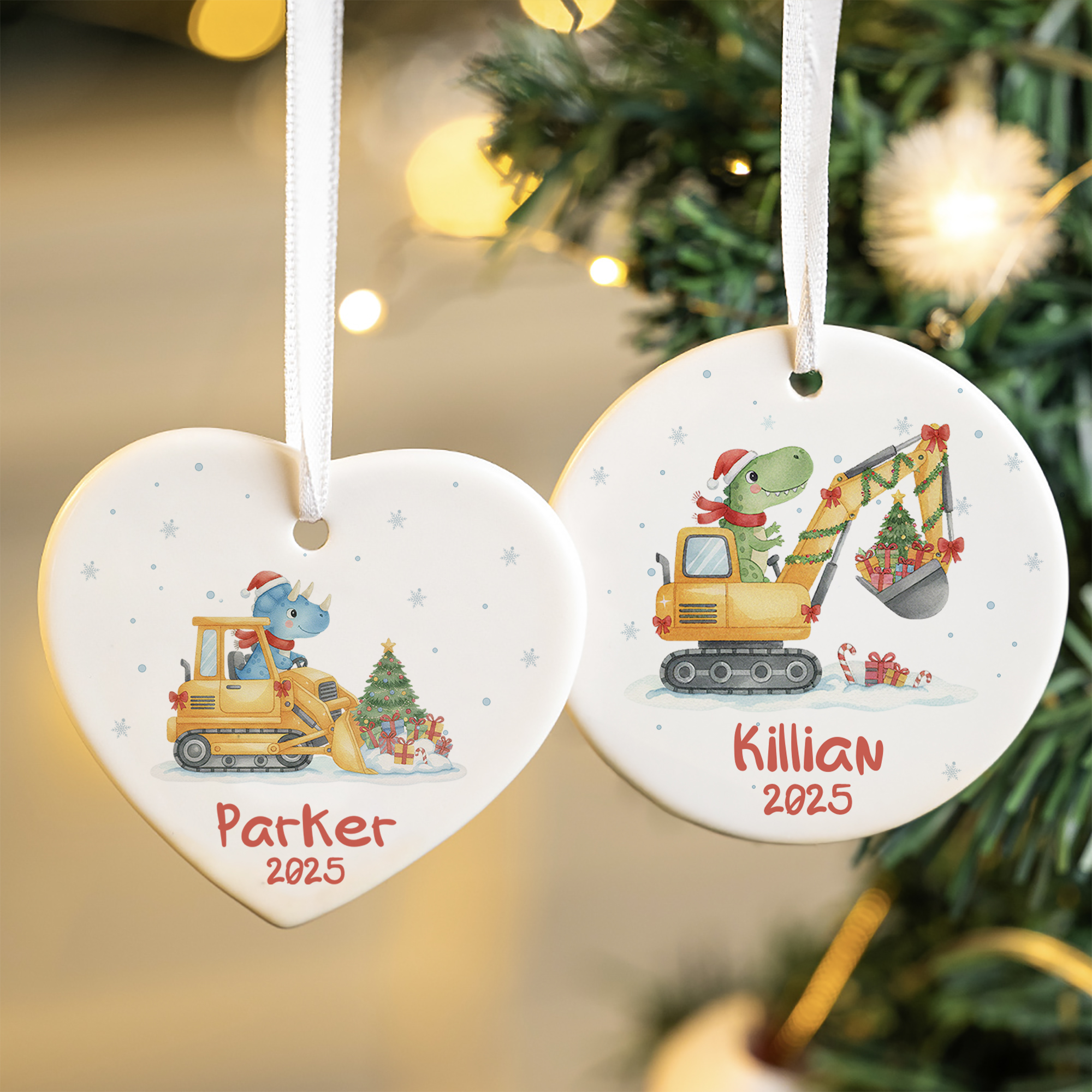 Ornement suspendu circulaire en forme de coeur pour véhicule de construction de dinosaure personnalisé Cadeau de Noël pour les petits garçons