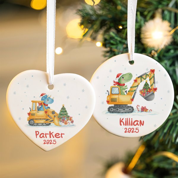 Personalisierte niedliche Dinosaurier Baufahrzeug Herz kreisförmige hängende Ornament Home Decor Weihnachtsgeschenk für Kleinkind Jungen