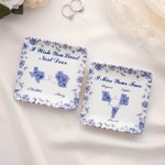 Personalized Toile De Jouy State Map Square Ceramic Trinket Jewelry Dish with Text and Name Birthday Anniversary Gift for Family Couples