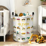 Personalized Construction Truck Laundry Basket – Waterproof Polyester Foldable Hamper with Custom Text, Two Sizes for Kids’ Room