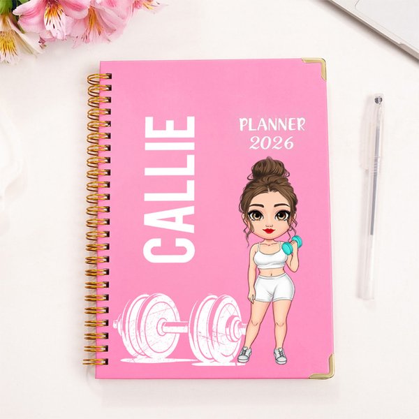 Personalisierte Cartoon Fitness-Charakter Name 2026 Planer Spiral A5 Notebook mit wöchentlichen monatlichen Planer Seiten neues Jahr Geburtstag Geschenk für Frauen Mädchen