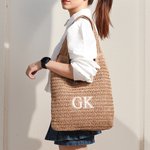 Personalised Embroidered Initial Raffia Tote Bag with Pocket Reusable Beach Travel Accessory Bridal Party Mother's Day Gift for Her