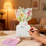 Personalisierte Aquarell Floral 2026 Tischkalender mit Gravur Text und hölzernen Sockel Home Decor Neujahr Geschenk für Familie Freunde