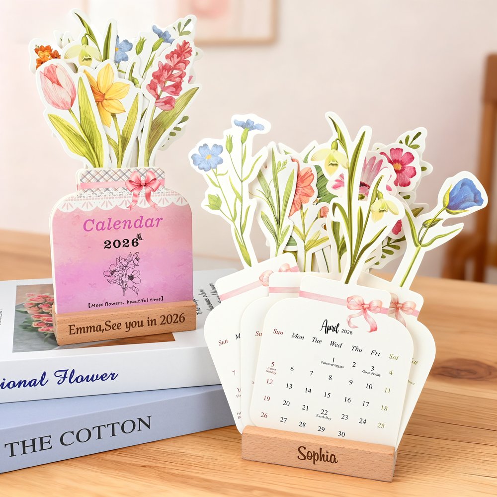 Personalisierter Aquarell-Tischkalender 2026 mit Floralmuster, Gravurtext und Holzsockel