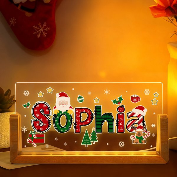 Babbo Natale personalizzato con design ad alce Luce notturna a LED in acrilico con nome e base in legno Regalo di Natale decorativo per la famiglia e gli amici