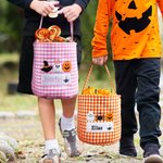 Personlig Häxhatt Spöklik Spöke Gingham Canvas Trick or Treat Väska med broderade applikationsmönster och namn Halloween Present till flickor Pojkar
