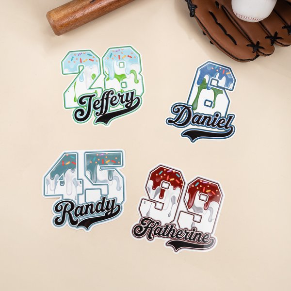 Personalised Multicolor Baseball Ice Cream Drip Stickers with Name and Number Birthday Gift for Baseball Lovers