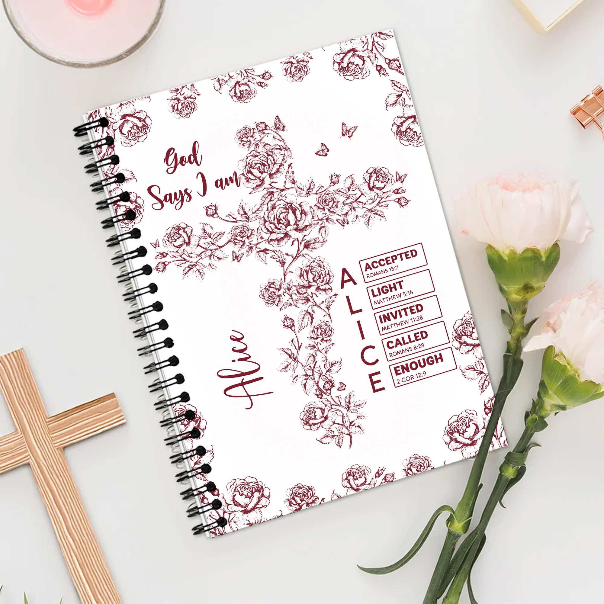 Personalised Floral Cross Bible Verse A5 Spiral Journal Notebook With