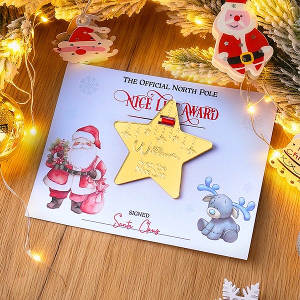 Personalized Santa Claus Elk Star Shape Acrylic Medal Ornament with Name and Card Home Decoration Christmas Gift for Kids