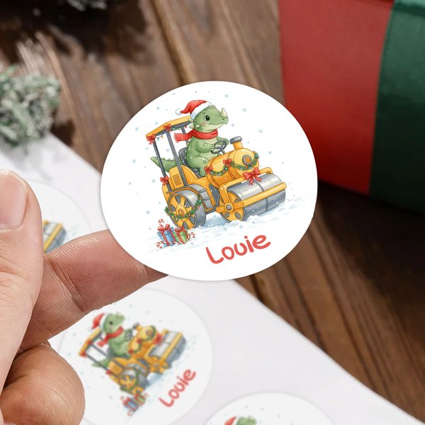 Personalised Cute Dinosaur Construction Vehicles Waterproof Stickers with Name Gift Decor Christmas Party Favors for Boys Dinosaur Lovers