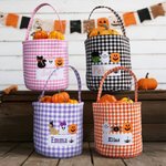 Personlig Häxhatt Spöklik Spöke Gingham Canvas Trick or Treat Väska med broderade applikationsmönster och namn Halloween Present till flickor Pojkar
