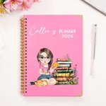 Personalised Cartoon Reading Girl Cat Book 2026 Planner Spiral A5 Notebook with Weekly Monthly Planner Pages Birthday Gift for Book Lovers Women