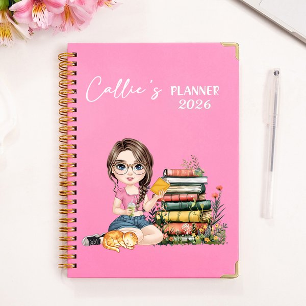 Personalized Cartoon Reading Girl Cat Book 2026 Planner Spiral A5 Notebook with Weekly Monthly Planner Pages Birthday Gift for Book Lovers Women