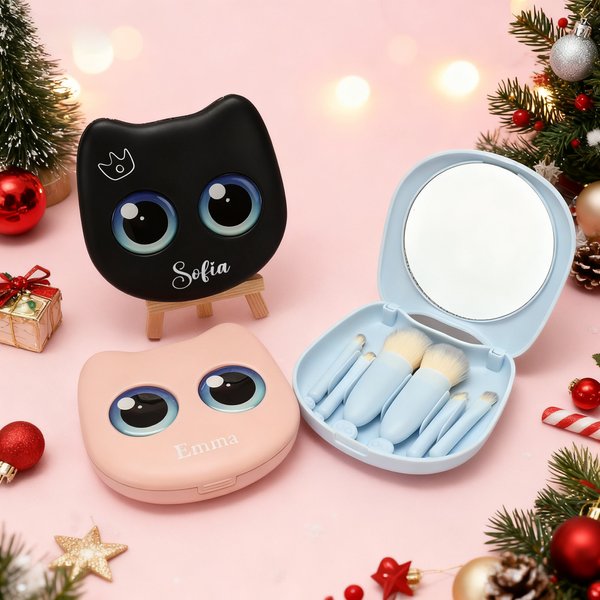 Personligt 6 delars sminkborstset med förvaringsbox och spegel söt storögd katt med namn perfekt present till kvinnor bröllop svensexa resa födelsedag