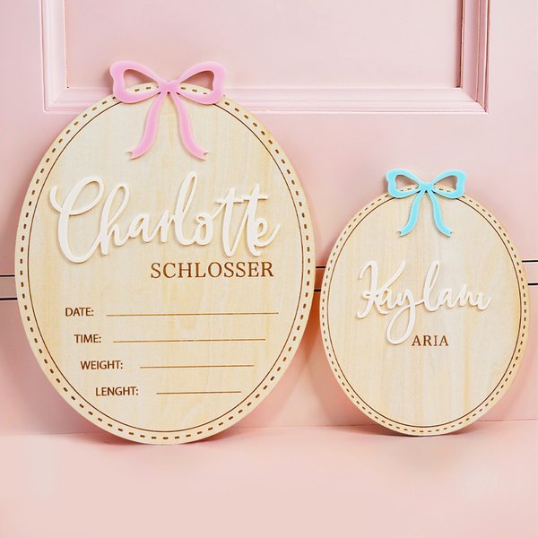 Personalized Coquette Bow Wooden Oval Baby Announcement Sign with Name and Birth Stats Baby Shower Gift for Newborns Expecting Parents