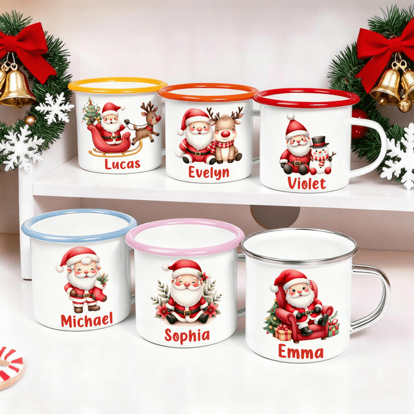 Personalized Cute Cartoon Santa Claus Multicolor 12 oz Enamel Mug with Name Christmas Gift for Family Kids