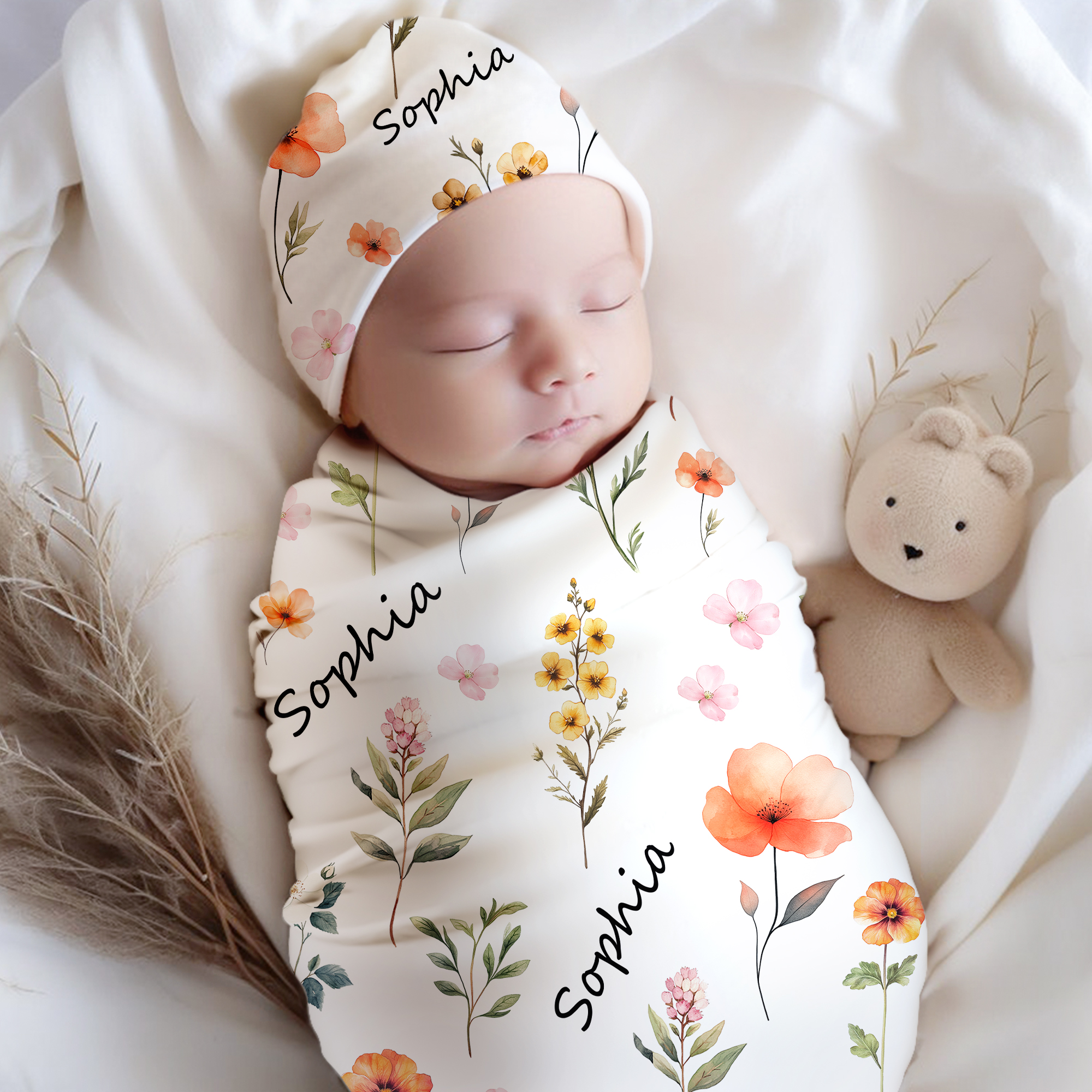 Ensemble personnalisé de couvertures et de bonnets à nœuds avec nom Décoration de la chambre d'enfant Douceur de bébé Anniversaire Cadeau de Noël pour nouveau-né