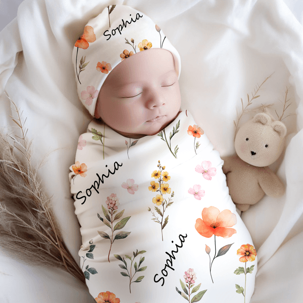 Personlig akvarell vildblommor swaddle filt och knut hatt set med namn barnkammare dekor baby shower födelsedag julklapp för nyfödda barn