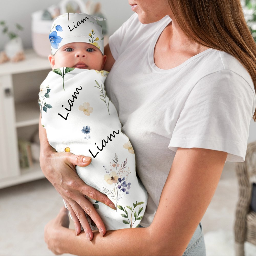 Ensemble personnalisé de couvertures et de bonnets à nœuds avec nom Décoration de la chambre d'enfant Douceur de bébé Anniversaire Cadeau de Noël pour nouveau-né