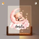 Personalized Dreamy Star Moon Sleepy Teddy Bear Acrylic LED Night Light with Wooden Base and Name Birthday Anniversary Gift for Family Children