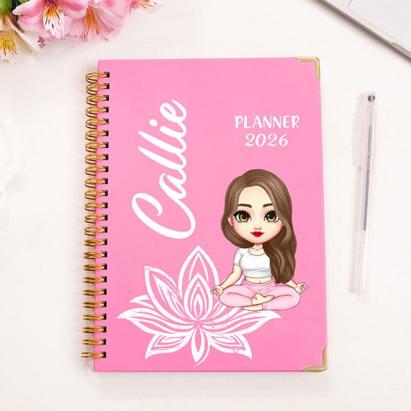 Personalised Cartoon Yoga Girl A5 Spiral Journal Notebook 2026 Weekly Monthly Planner with Name New Year Birthday Gift for Women
