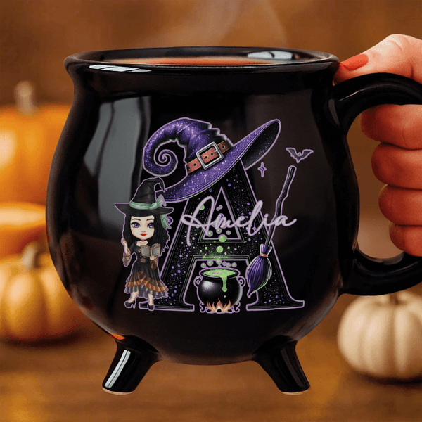 Personalized Halloween Costume Cartoon Character Black Cauldron Ceramic Coffee Mug with Initial and Name Halloween Party Gift for Women Kids