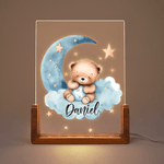 Personalized Dreamy Star Moon Sleepy Teddy Bear Acrylic LED Night Light with Wooden Base and Name Birthday Anniversary Gift for Family Children