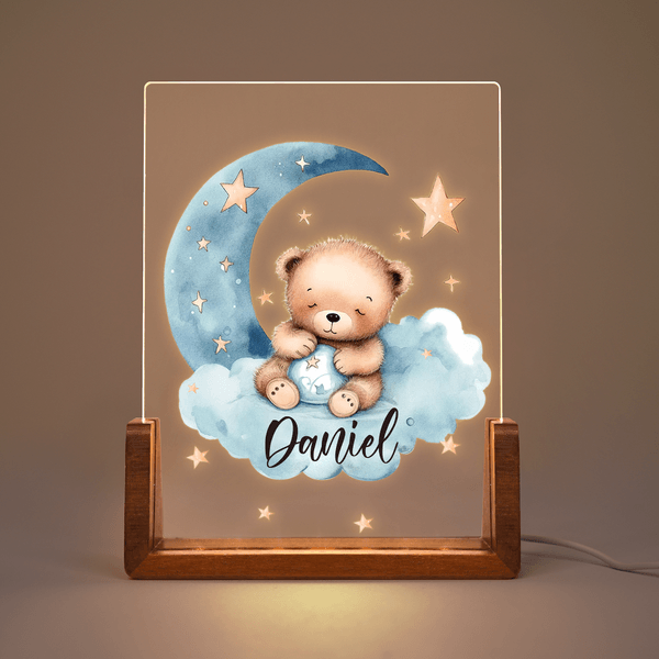 Personalized Dreamy Star Moon Sleepy Teddy Bear Acrylic LED Night Light with Wooden Base and Name Birthday Anniversary Gift for Family Children