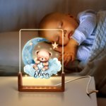 Personalized Dreamy Star Moon Sleepy Teddy Bear Acrylic LED Night Light with Wooden Base and Name Birthday Anniversary Gift for Family Children