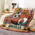 Personalized Retro Graffiti Soccer Basketball Sports Soft Throw Blanket with Name Home Decor Birthday Christmas Gift for Kids Sports Lovers