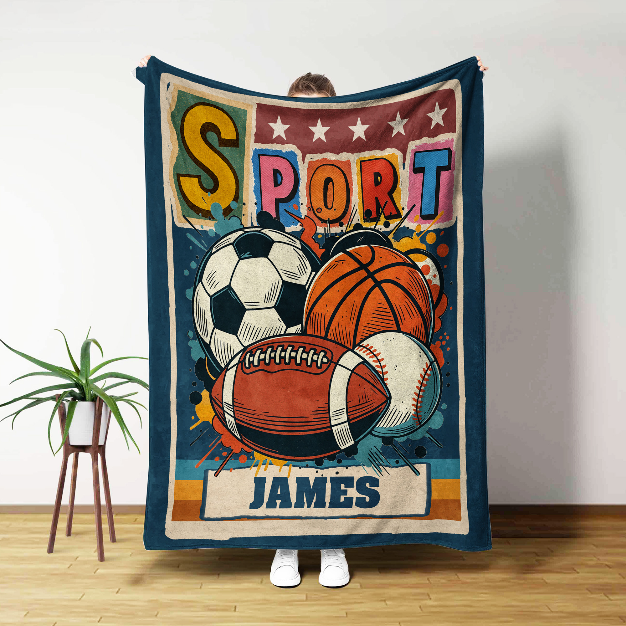 Couverture personnalisée rétro graffiti Soccer Basketball Sports avec nom Décoration maison Anniversaire Noël Cadeau pour enfants Amoureux du sport