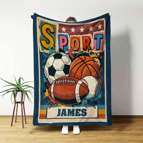 Personalised Retro Graffiti Soccer Basketball Sports Soft Throw Blanket with Name Home Decor Birthday Christmas Gift for Kids Sports Lovers
