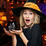 Personalised Halloween Costume Cartoon Character Black Cauldron Ceramic Coffee Mug with Initial and Name Halloween Party Gift for Women Kids