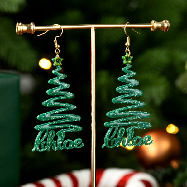Personalized Christmas Tree Glitter Acrylic Dangle Earrings Christmas Gift for Friends Women