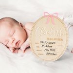 Gepersonaliseerde Coquette Strik Houten Ovale Babyaankondiging Teken met Naam en Geboorte Stats Baby Shower Gift voor Pasgeborenen Aanstaande Ouders