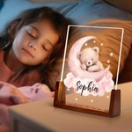 Personalized Dreamy Star Moon Sleepy Teddy Bear Acrylic LED Night Light with Wooden Base and Name Birthday Anniversary Gift for Family Children