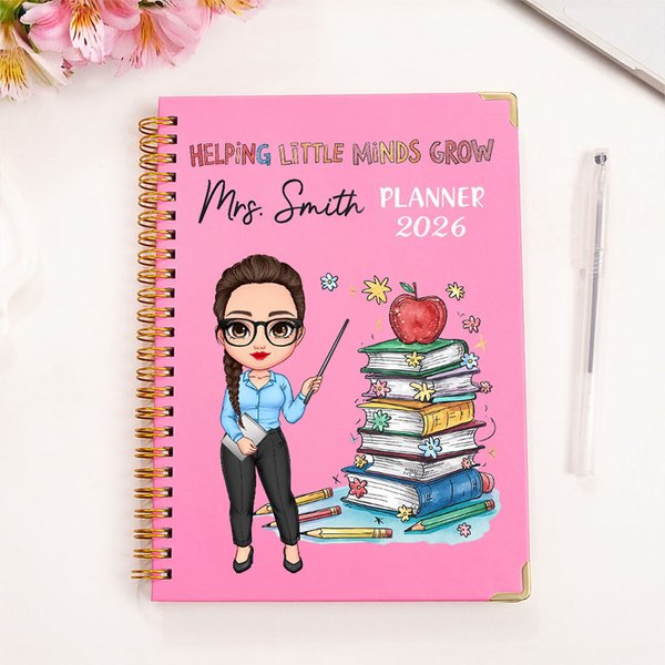 Personalized Books Apple Cartoon Teaching Character 2026 Planner Name A5 Notebook with Weekly Planning Pages Teacher's Day Birthday Gift for Teachers