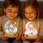Personalized Dreamy Star Moon Sleepy Teddy Bear Acrylic LED Night Light with Wooden Base and Name Birthday Anniversary Gift for Family Children