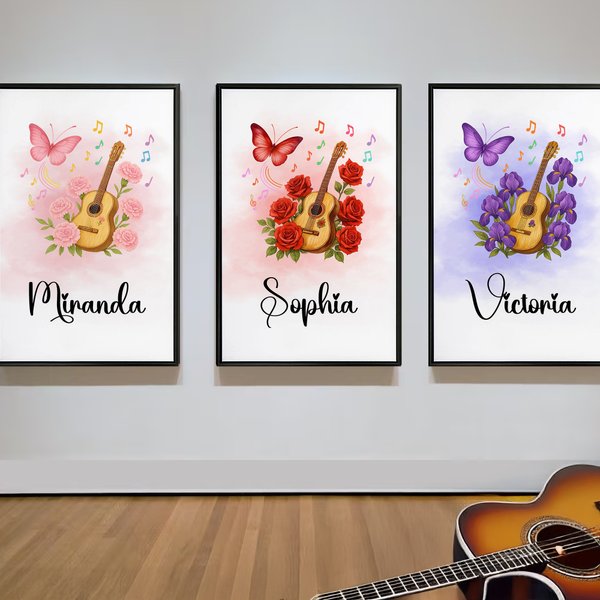 Personnalisé Guitare Naissance Fleur Papillon Symbole Musique Toile Poster Encadré Peinture Sans Cadre Noël Anniversaire Cadeau pour Amoureux de la Musique Guitaristes