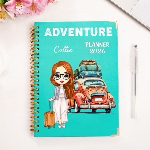 Personalized Cartoon Travel Character Car 2026 Planner A5 Spiral Notebook with Weekly Monthly Planner Pages Birthday Gift for Men Women