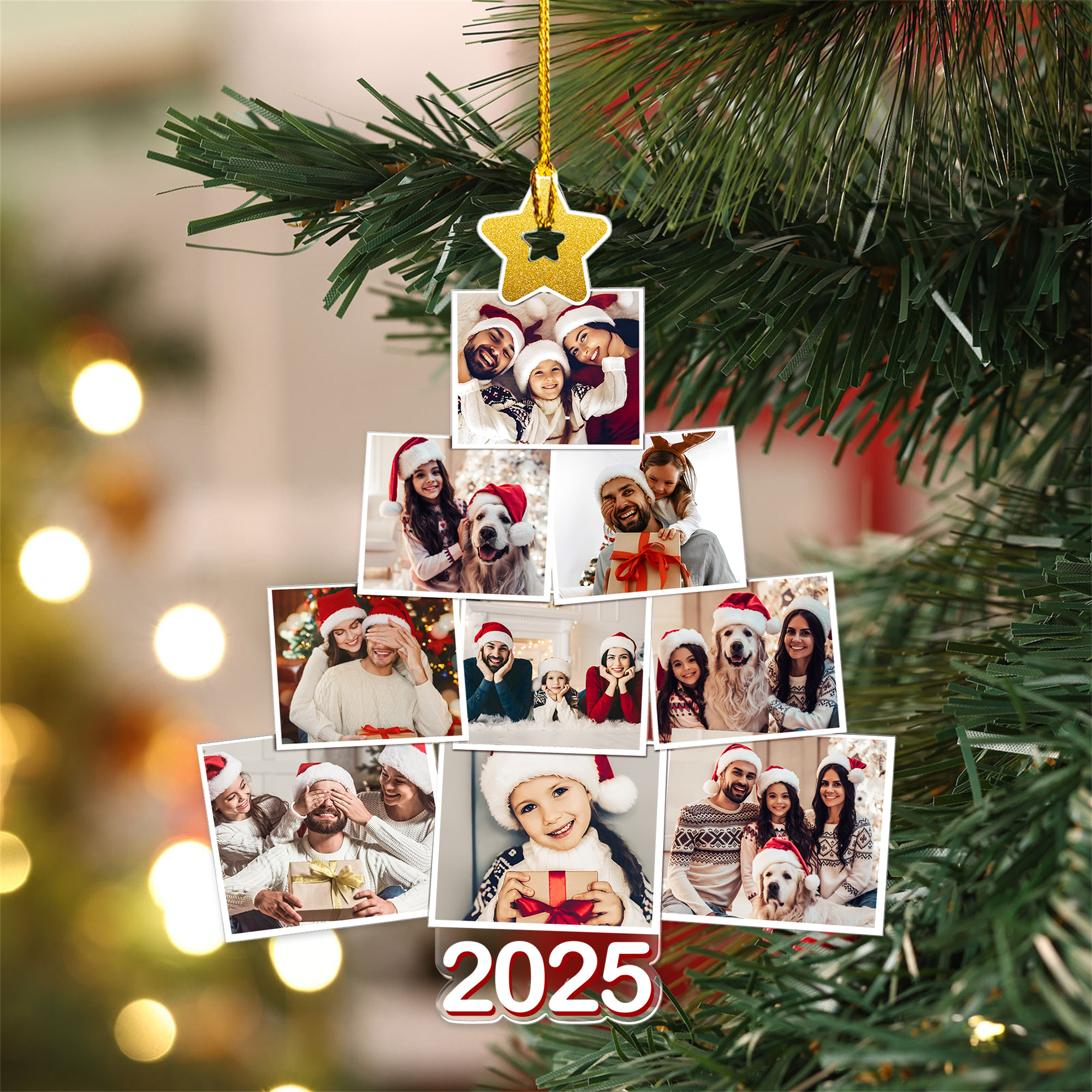 Personnalisé 2025 Arbre de Noël 9 Photos Acrylique Ornement Suspendu Décoration d'Arbre Drôle de Cadeau de Noël pour la Famille Amis