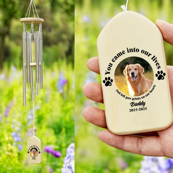 Carillon à vent en bois personnalisé avec photo, empreinte de patte et texte du nom et de la date Cadeau pour propriétaire d'animal de compagnie