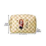 Personalized Birth Flower Cartoon Character Checkerboard PU Leather Makeup Bag with Name Travel Essential Birthday Gift for Women Girls