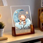 Personalized Dreamy Star Moon Sleepy Teddy Bear Acrylic LED Night Light with Wooden Base and Name Birthday Anniversary Gift for Family Children
