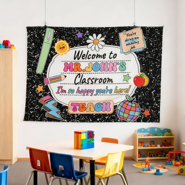 Personalised Multicolor Daisy Pencil Teacher Theme Tapestry with Text Classroom Decor Back to School Gift for Teachers