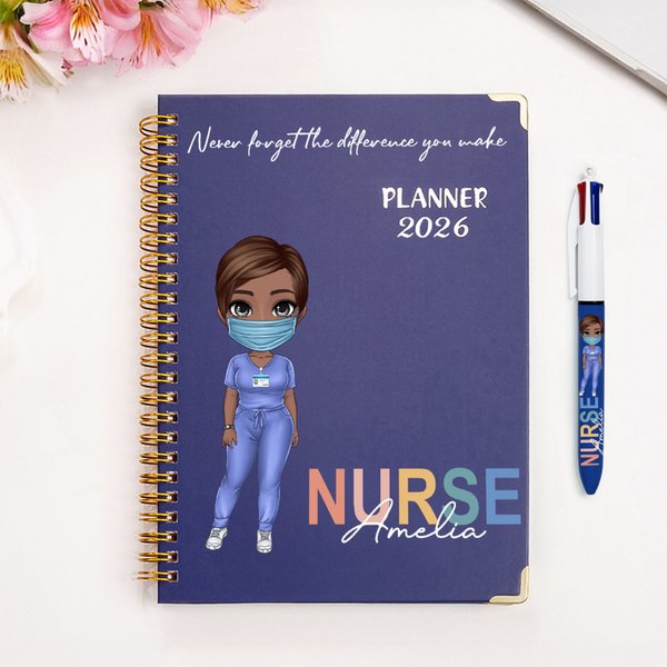 Personalised Cartoon Doctor Nurse Character 2026 Planner A5 Spiral Notebook Pen with Name Nurse Week Appreciation Gift for Medical Staff